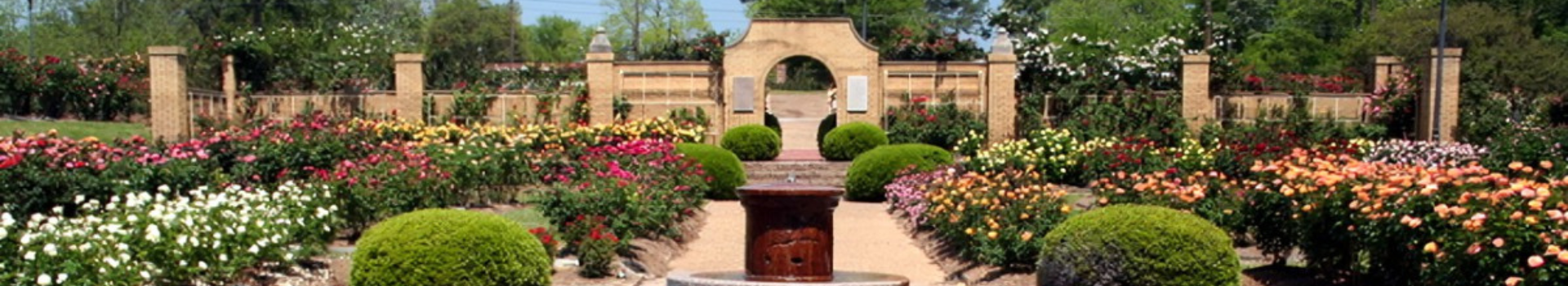 Fountain with original Rose Garden Entrance arch surrounded by blooming roses
