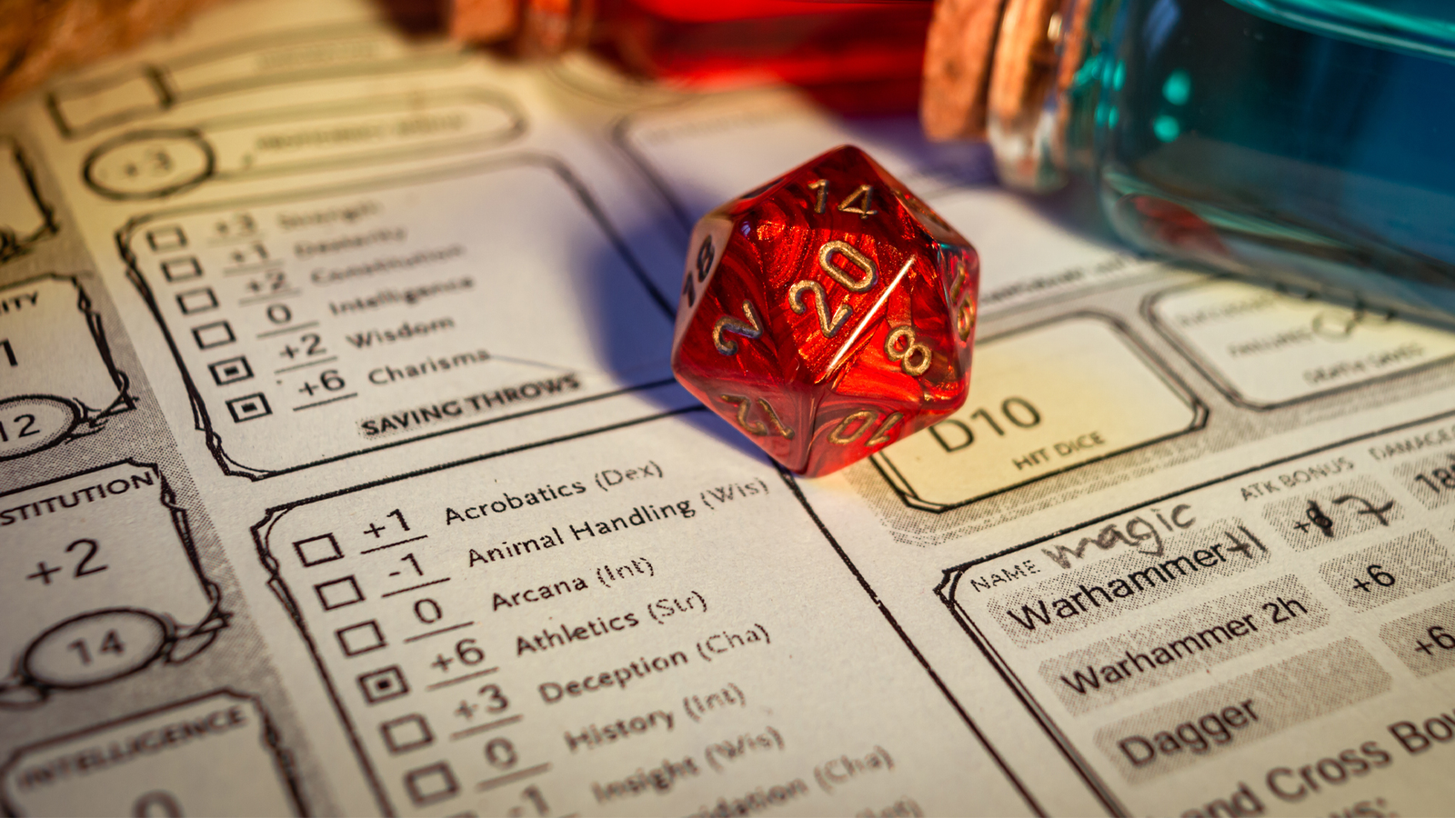 A twenty-sided die on a Dungeons and Dragons character sheet.
