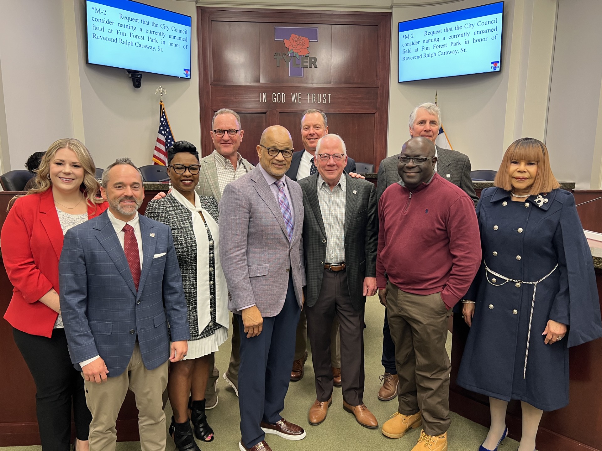 Rev. Ralph Caraway Sr and Stanley Traylor pose with city council