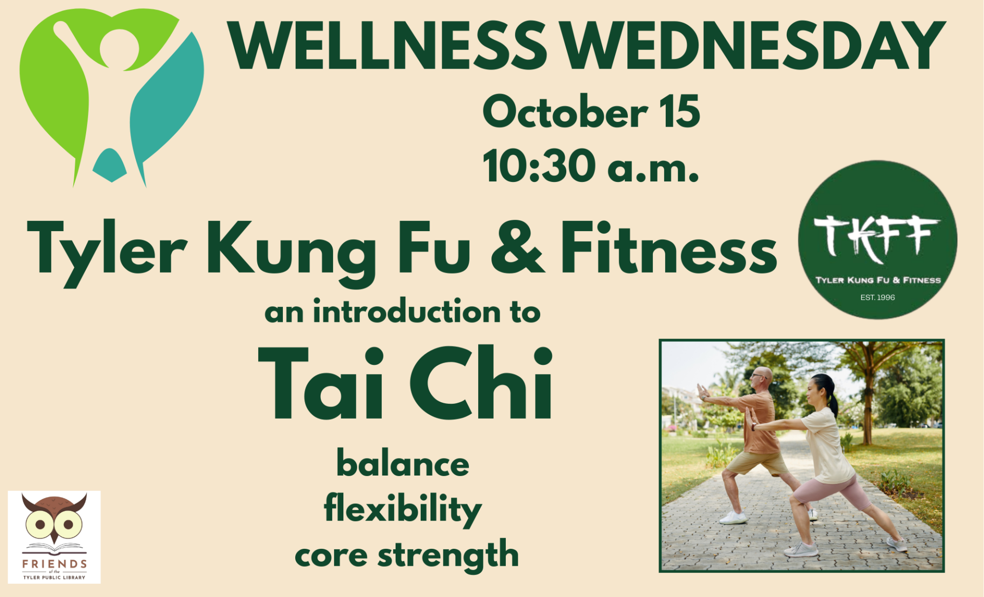 Tai Chi Wellness Wednesday, by Tyler Kung Fu and Fitness. Come learn the basics of Tai Chi! October 15th 10:30 a.m. in the Makerspace.